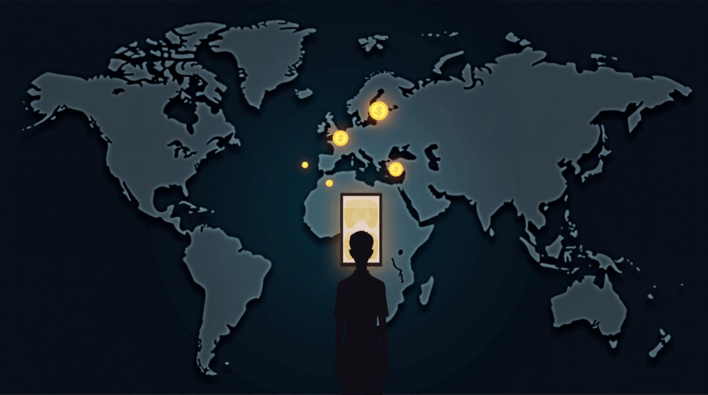 silueta de un joven frente a un teléfono con iconos sim swap, monedas cripto y un mapa mundial, para ilustrar fraude cripto transfronterizo