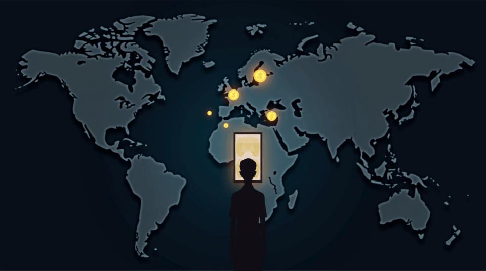 silueta de un joven frente a un teléfono con iconos sim swap, monedas cripto y un mapa mundial, para ilustrar fraude cripto transfronterizo