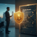 South African executive in a modern office as Bitcoin coins form a shield over a vault and skyline