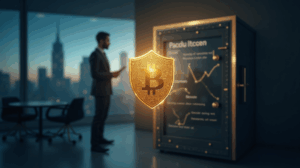 South African executive in a modern office as Bitcoin coins form a shield over a vault and skyline