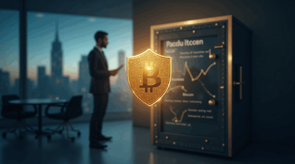 South African executive in a modern office as Bitcoin coins form a shield over a vault and skyline