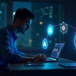 Un trader en una mesa de trading rodeado de hologramas DeFi de Aster, Hyperliquid y DeriW, con tokens de airdrop.