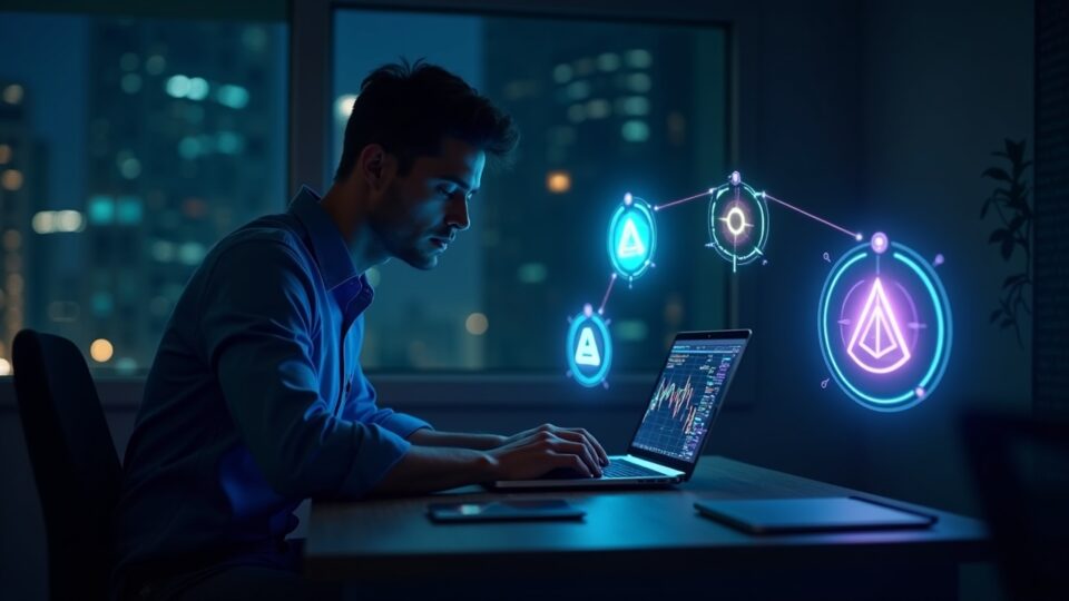 Un trader en una mesa de trading rodeado de hologramas DeFi de Aster, Hyperliquid y DeriW, con tokens de airdrop.