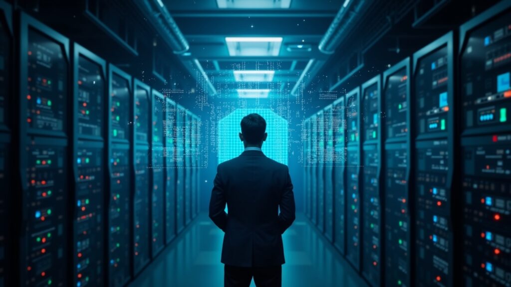 Figura central en centro de datos; logotipos de Nvidia e Intel se fusionan sobre una cuadrícula de blockchain luminosa.