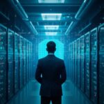 Figura central en centro de datos; logotipos de Nvidia e Intel se fusionan sobre una cuadrícula de blockchain luminosa.