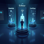 Analista en una sala de noticias cripto futurista, con tres pilares Chainlink, Ethena y Conflux y datos regulatorios.