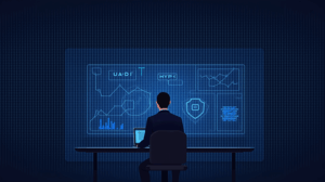 Analista financiero frente a un escritorio moderno, con gráficos de USDH y HYPE en pantalla, fondo con rejilla blockchain y escudo regulatorio.