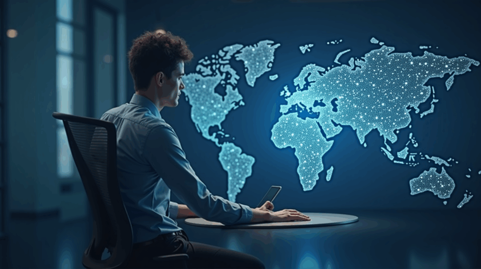 VC en oficina moderna, rails de blockchain holográficos rodean un globo, símbolo de adopción-onchain.