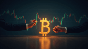 encabezado fotorealista: logos fusionados formando bitcoin sobre gráfico ascendente, simbolizando tesorería criptográfica.