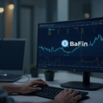 Mesa de trading cripto fotorrealista en una oficina europea moderna, insignia de BaFin en pantalla y gráficos de activos.