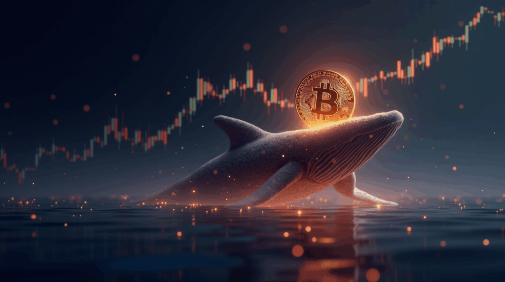 Ballena de Bitcoin en primer plano con gráfico de blockchain ascendente y flujos hacia ETFs ante la decisión de la Fed.