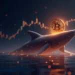 Ballena de Bitcoin en primer plano con gráfico de blockchain ascendente y flujos hacia ETFs ante la decisión de la Fed.