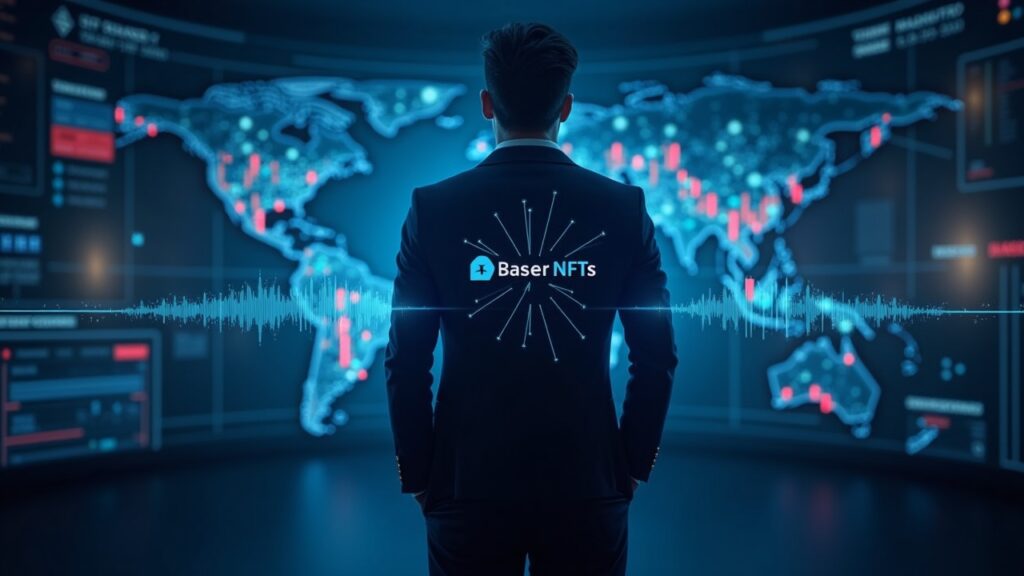Silueta de un trader central en un piso de trading holográfico; el logo de Base NFTs eclipsa a rivales con visuales de IA.