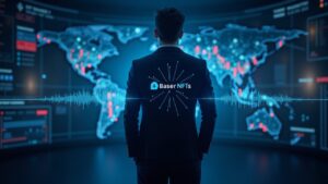 Silueta de un trader central en un piso de trading holográfico; el logo de Base NFTs eclipsa a rivales con visuales de IA.