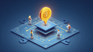 Logo de Base centrado con token de red luminoso sobre un mapa de capa 2, flechas de gobernanza y adopción institucional, estilo newsroom