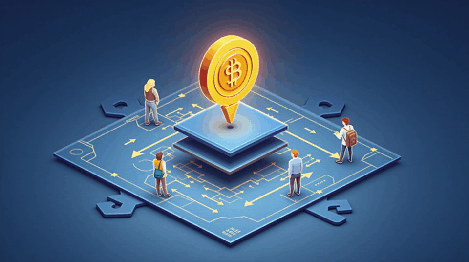 Logo de Base centrado con token de red luminoso sobre un mapa de capa 2, flechas de gobernanza y adopción institucional, estilo newsroom