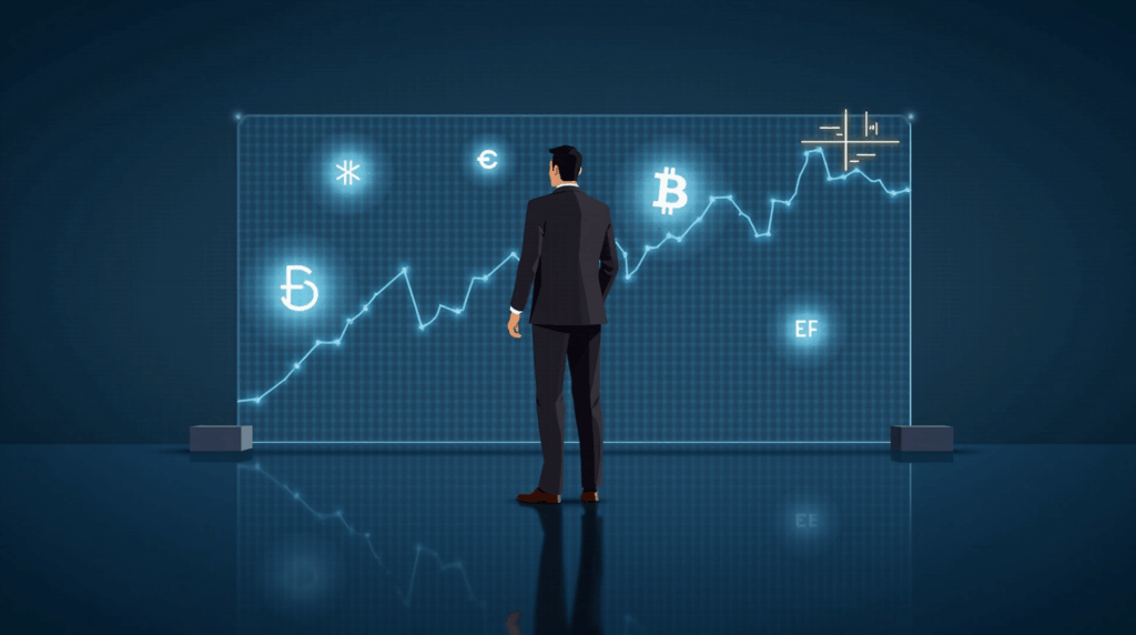 Figura en piso de cristal con Bitcoin y Ether holográficos, gráfico base spot-futuros y logos de ETFs.
