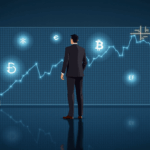 Figura en piso de cristal con Bitcoin y Ether holográficos, gráfico base spot-futuros y logos de ETFs.
