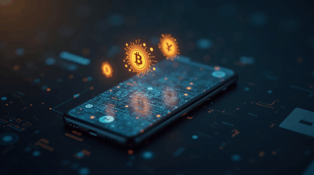 Portada periodística realista: teléfono central emitiendo iconos de BTC y ETH con flujos de datos IA, simbolizando minería móvil e innovación.