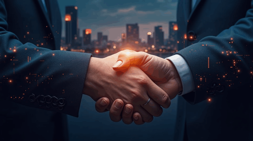 Panorámica de Da Nang con red blockchain luminosa; ejecutivos de Binance y Bybit se dan la mano ante un roadmap regulatorio.