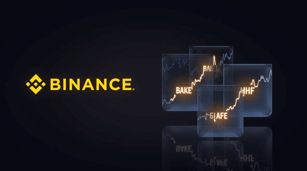 Logo de Binance con BAKE, HIFI y SLF subiendo antes del delisting, señal de volatilidad