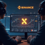Analista cripto observa un fragmento luminoso de Plasma XPL en un tablero tecnológico, con branding de Binance al fondo.