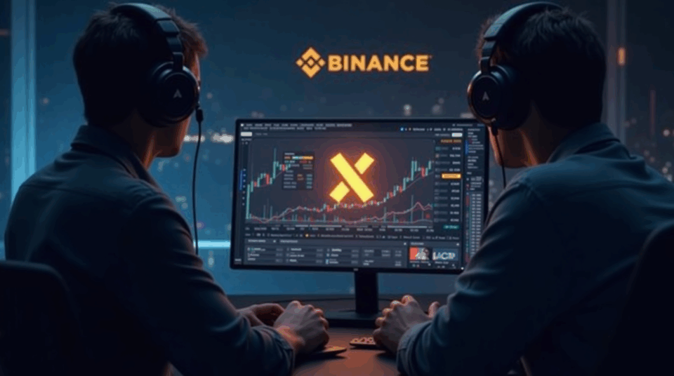 Analista cripto observa un fragmento luminoso de Plasma XPL en un tablero tecnológico, con branding de Binance al fondo.