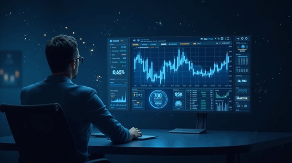 Operador ante escritorio moderno con gráficos cripto impulsados por IA y flujos de datos holográficos.