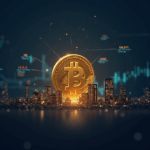Bitcoin por encima de 111k sobre ciudad digital, con tickers de ETF y nodos blockchain.