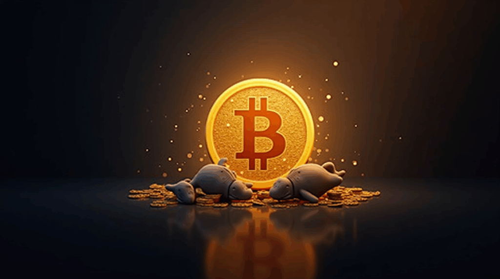 Símbolo de Bitcoin sobre un gráfico de precios cercano a 112000, siluetas de ballenas vendiendo monedas.