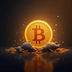 Símbolo de Bitcoin sobre un gráfico de precios cercano a 112000, siluetas de ballenas vendiendo monedas.