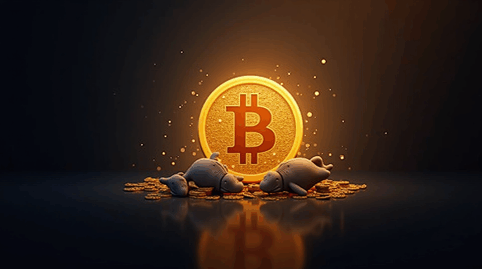 Símbolo de Bitcoin sobre un gráfico de precios cercano a 112000, siluetas de ballenas vendiendo monedas.