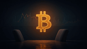 Encabezado fotorrealista: Bitcoin en el centro, etiqueta de 116k, gráficos macro y la silueta de la Reserva Federal.