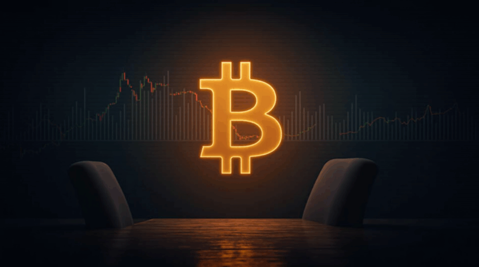 Encabezado fotorrealista: Bitcoin en el centro, etiqueta de 116k, gráficos macro y la silueta de la Reserva Federal.