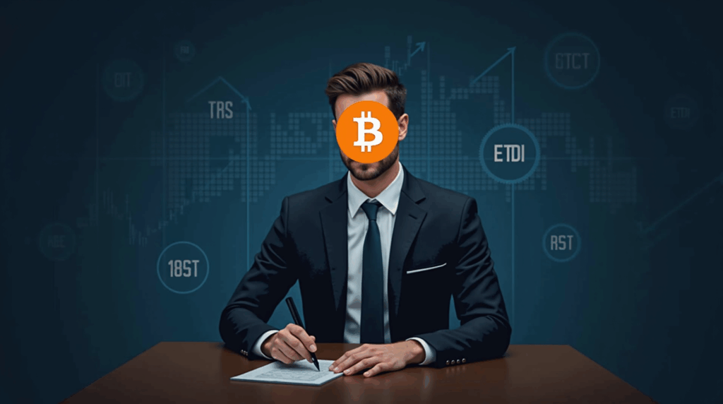 Ejecutivo trajeado frente a escritorio moderno, logo de Bitcoin al centro, gráficos y ETFs detrás