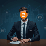 Ejecutivo trajeado frente a escritorio moderno, logo de Bitcoin al centro, gráficos y ETFs detrás
