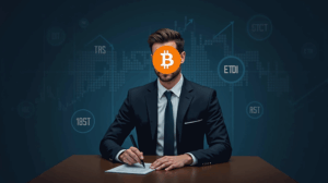 Ejecutivo trajeado frente a escritorio moderno, logo de Bitcoin al centro, gráficos y ETFs detrás