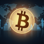 Símbolo de Bitcoin central con siluetas corporativas y rejilla de blockchain translúcida, para mostrar adopción institucional y liquidez.