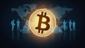 Símbolo de Bitcoin central con siluetas corporativas y rejilla de blockchain translúcida, para mostrar adopción institucional y liquidez.