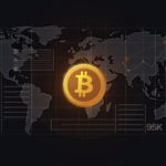 Logotipo de Bitcoin centrado en un tablero con gráfica descendente hacia 95k y mapa del mundo de fondo.