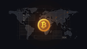 Logotipo de Bitcoin centrado en un tablero con gráfica descendente hacia 95k y mapa del mundo de fondo.