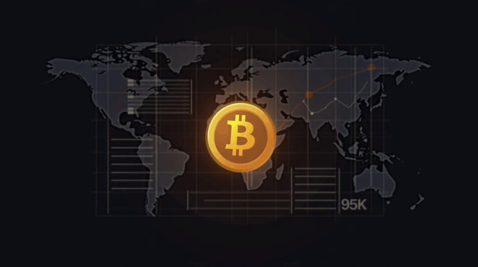 Logotipo de Bitcoin centrado en un tablero con gráfica descendente hacia 95k y mapa del mundo de fondo.