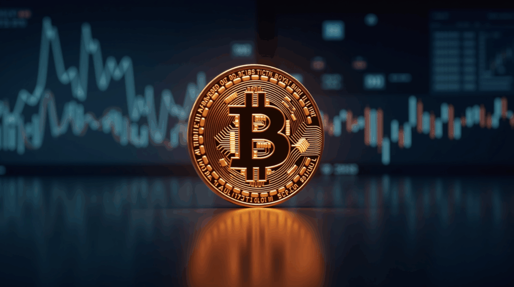 Bitcoin en el centro de una redacción futurista, con gráficos brillantes de la oferta monetaria M2 y bonos del Tesoro de EE. UU.
