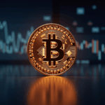 Bitcoin en el centro de una redacción futurista, con gráficos brillantes de la oferta monetaria M2 y bonos del Tesoro de EE. UU.