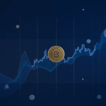 Encabezado de noticias cripto: Bitcoin con línea de precio pulsante, índice del dólar débil y visuales de flujos ETF en un fondo azul.