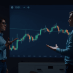 Analista señala gráfico de Bitcoin con divergencia RSI alcista en sala de noticias azul-dorada.