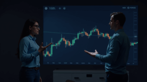 Analista señala gráfico de Bitcoin con divergencia RSI alcista en sala de noticias azul-dorada.