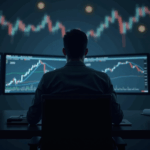 Trader cripto frente a pantallas con gráficos de bitcoin y superposiciones de dólar y política monetaria.