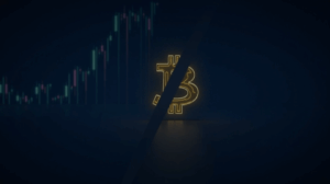 Encabezado fotorealista: Bitcoin desvaneciéndose y barra de oro en ascenso, gráficos digitales de fondo en azul