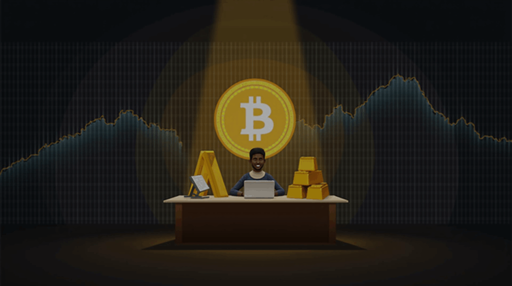 Trader en un escritorio moderno frente a Bitcoin y un lingote de oro, con gráficos ascendentes y fondo digital
